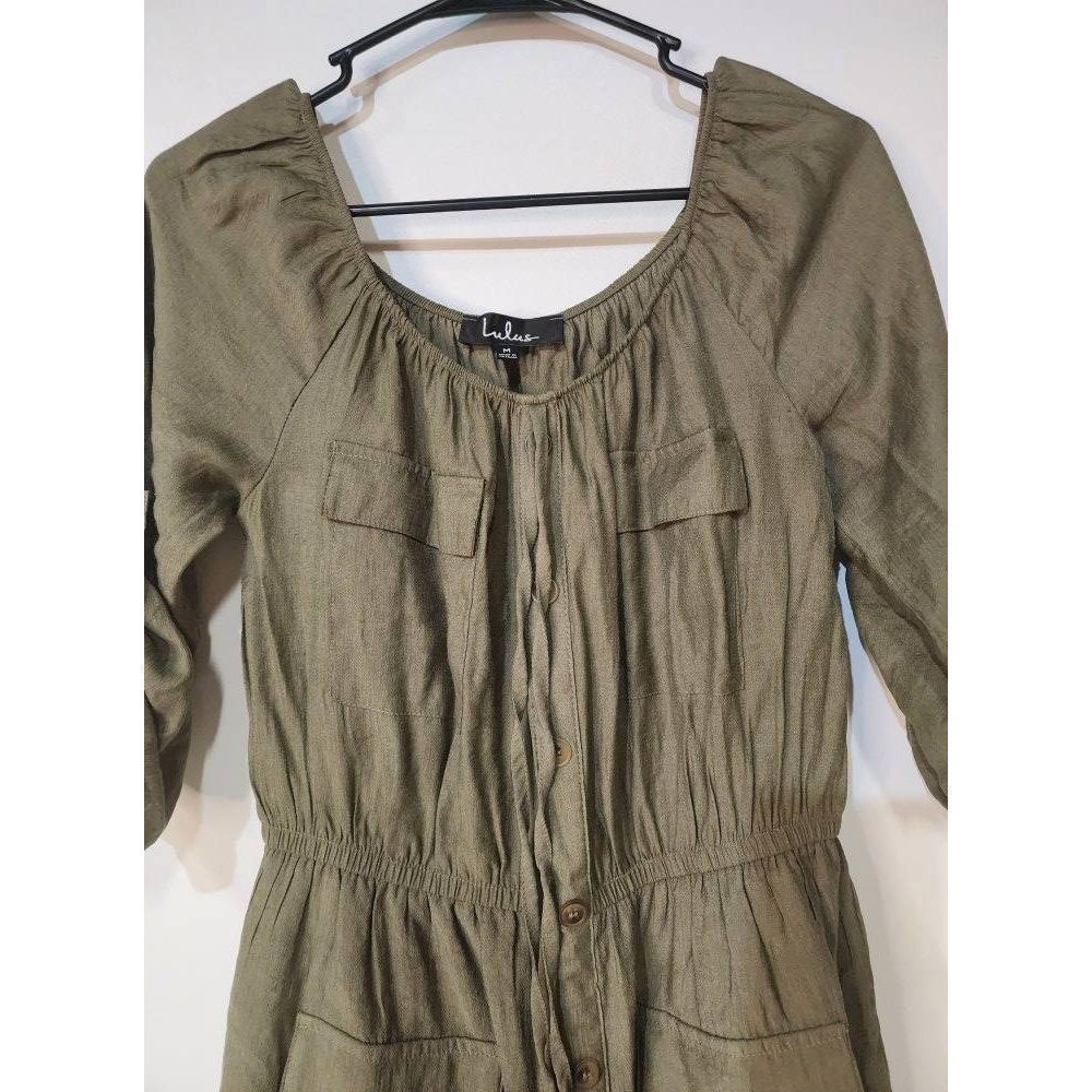 Lulus Etta Olive Green Button Front Off-the-Shoulder Dress good pre-owned condit - Picture 6 of 7